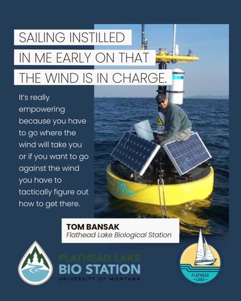 Man on solar-equipped buoy in ocean with text about sailing and wind's influence. Flathead Lake logo present.