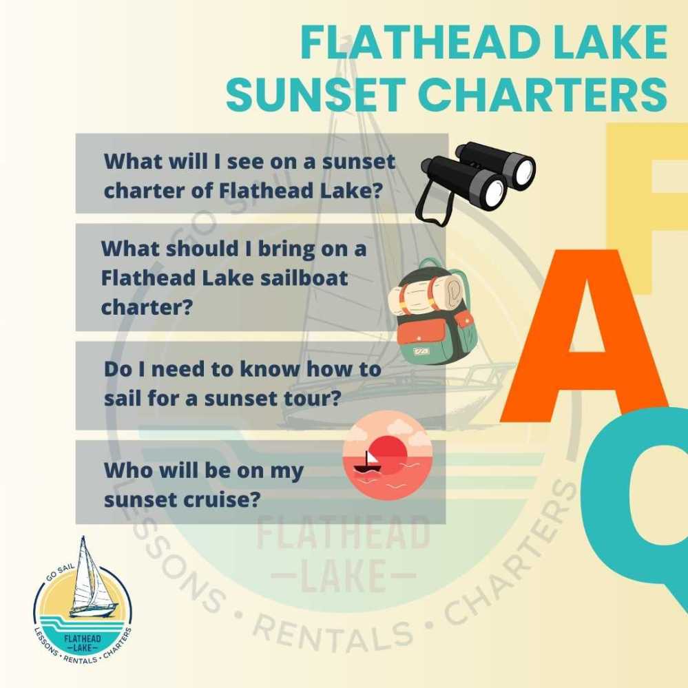 Flathead Lake Sunset Charters info with illustrations of binoculars, backpack, and sailboat.