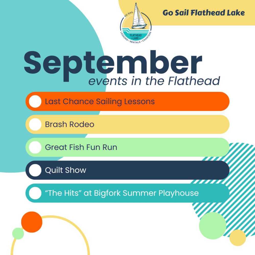 List of September events including sailing, rodeo, fun run, quilt show, and theater in Flathead Lake.