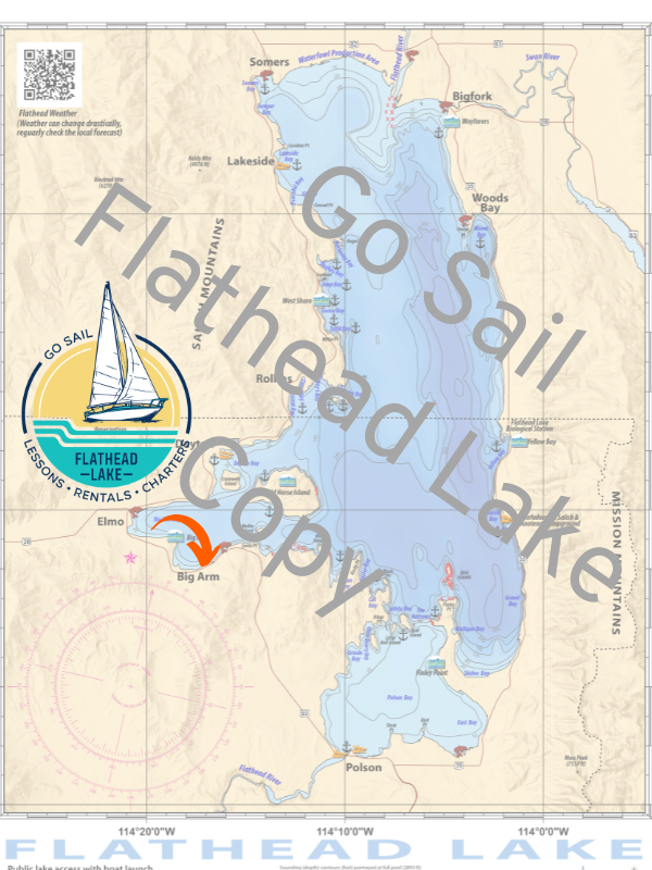 Map of Flathead Lake with sailboat logo, text overlay 'Go Sail Flathead Lake Copy'.