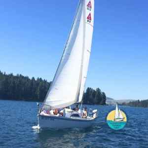 Sailboat on a lake with trees in the background under a clear sky.