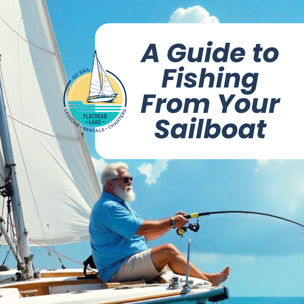 Man fishing on a sailboat with guide text overlay in blue.