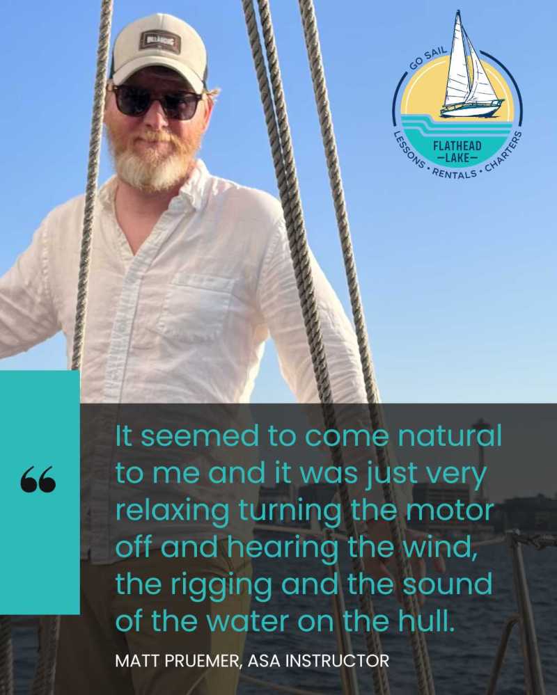 Man on sailboat with quote about sailing; scenic lake view.