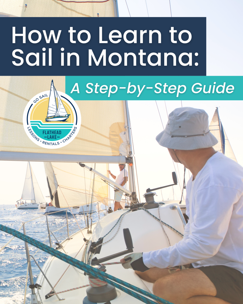 Person sailing a boat with a 'How to Learn to Sail in Montana' guide overlay.