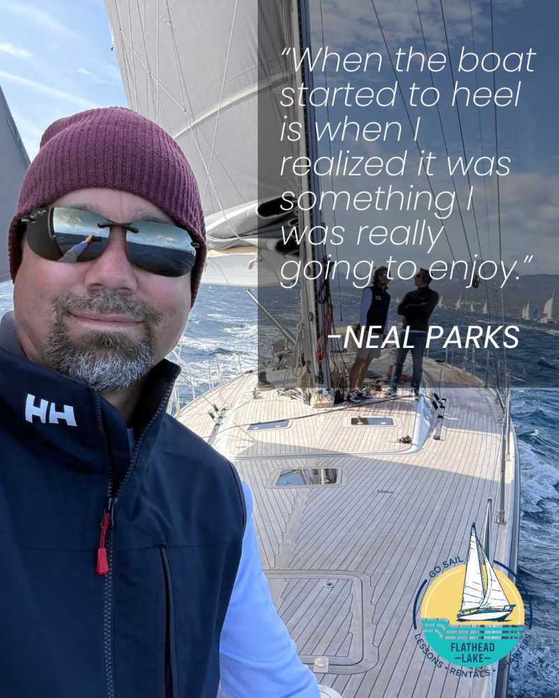 Man with sunglasses and beanie on a sailboat with quote text overlay.