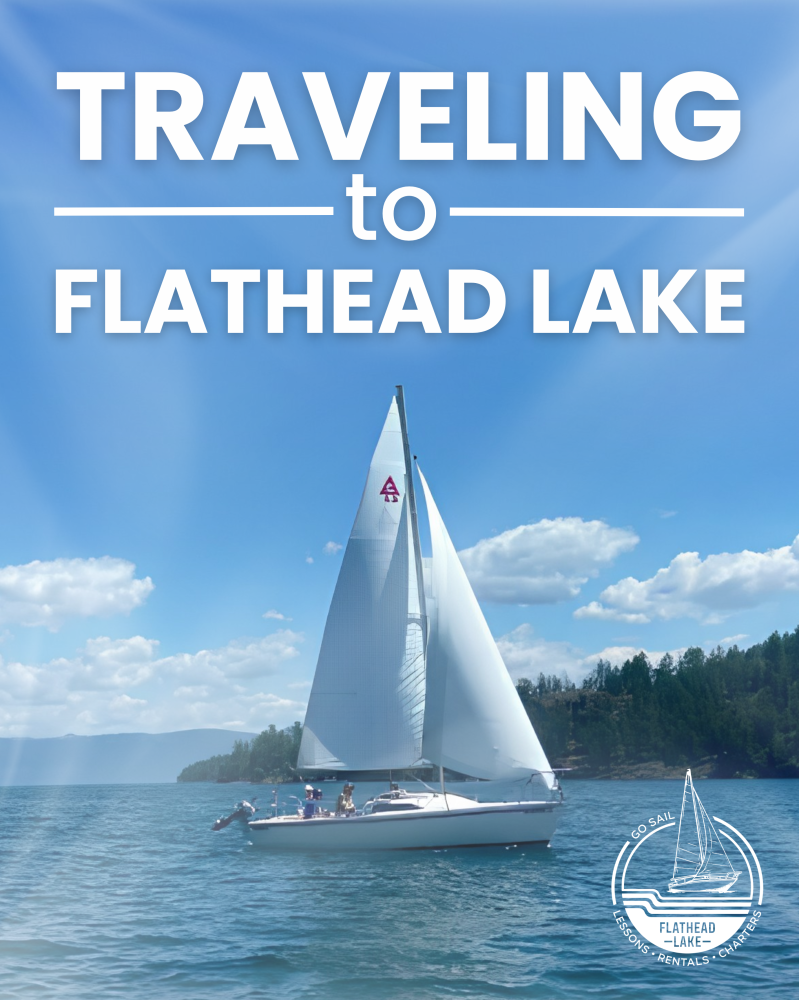 Sailboat on Flathead Lake under blue sky with text overlay.