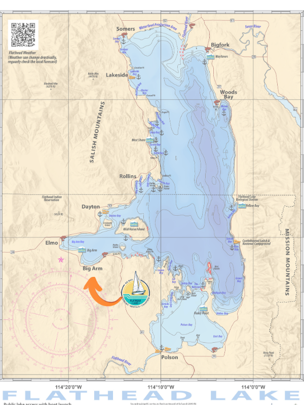 Nautical map of Flathead Lake with marked locations and a sailboat icon.