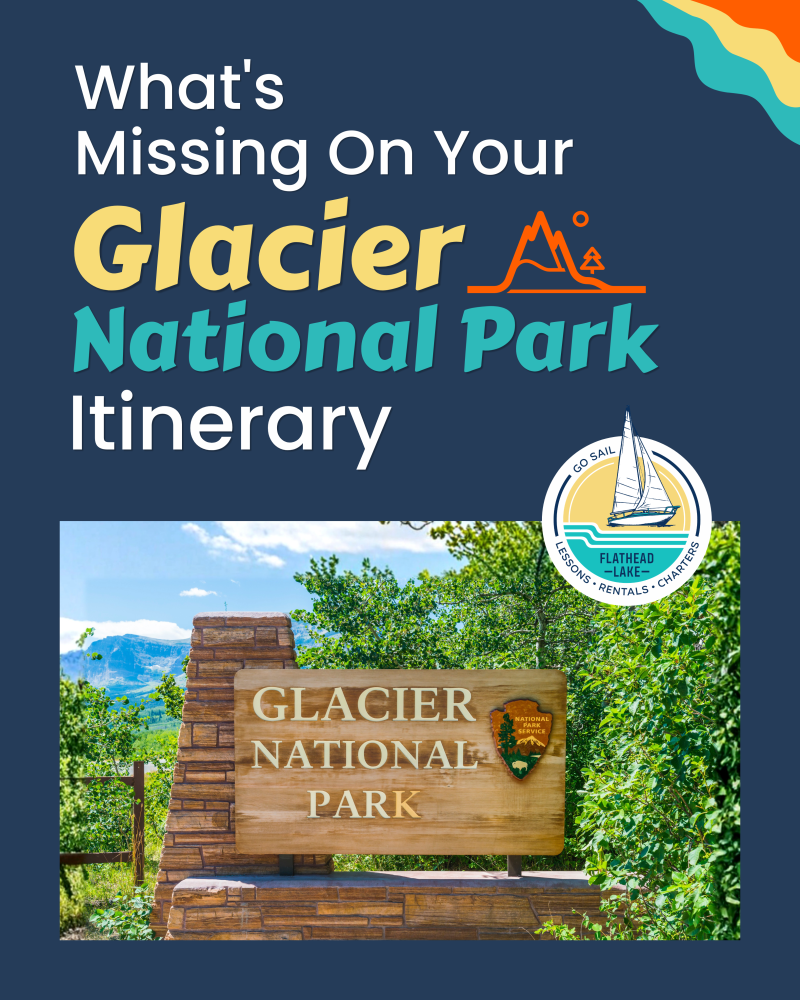 Glacier National Park sign with blue sky and mountains, brochure design.